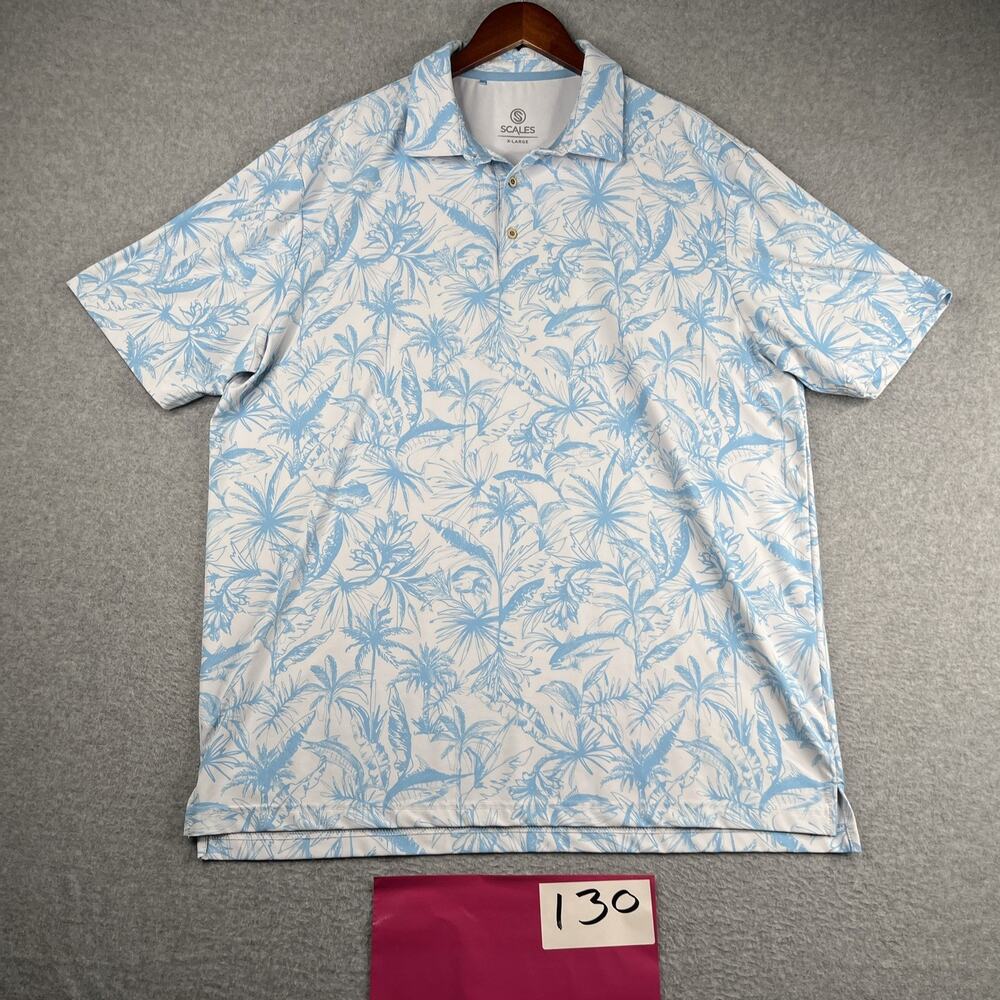 Scales Hawaiian Fish Print Polo Shirt Performance Stretch Blue White Mens XL